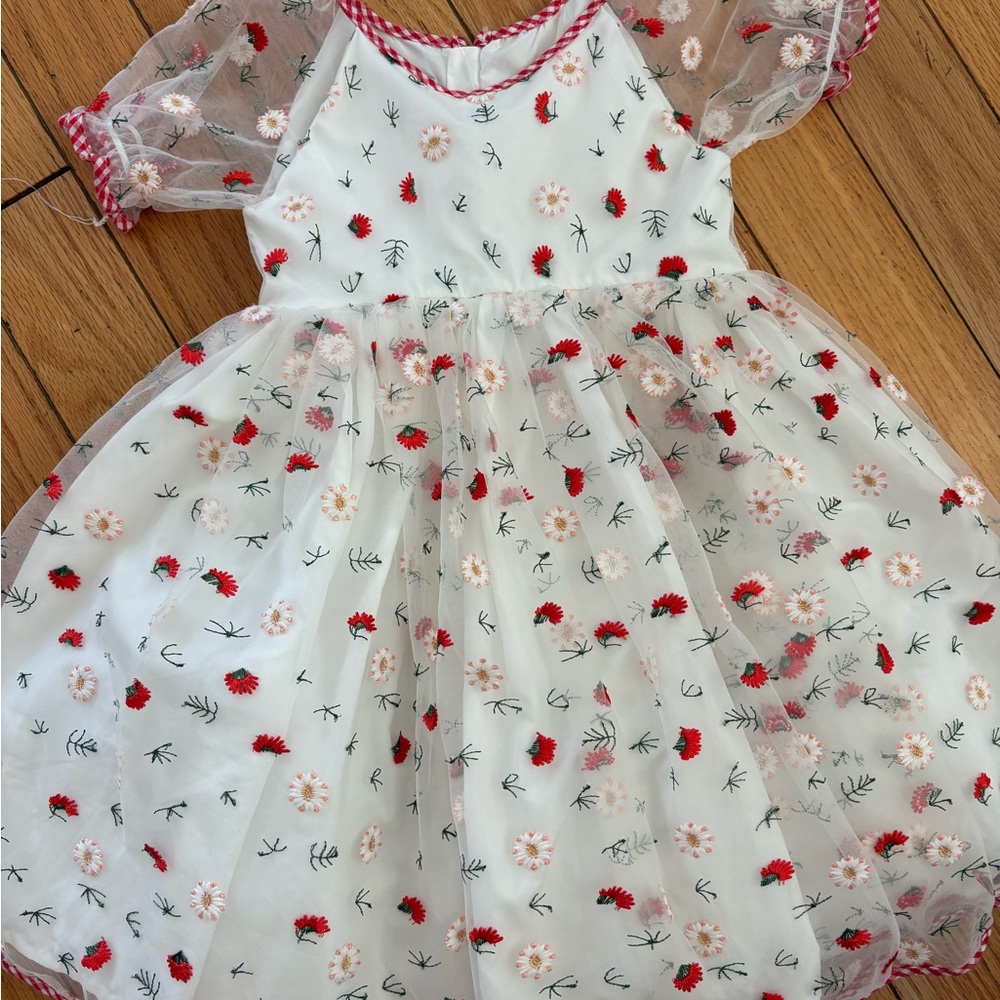 White Floral Embroidered Tulle Dress with Red Accents